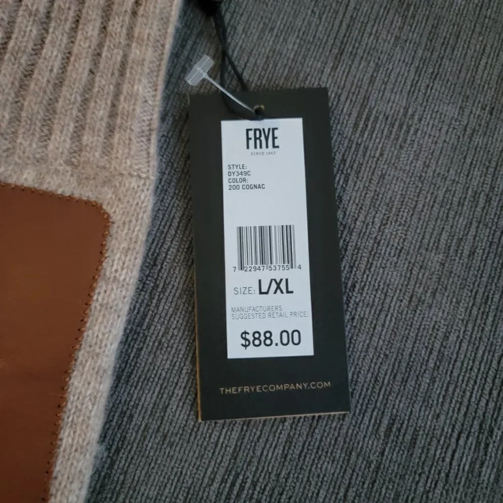 Frye Leather Patch Long Knit Wool Gloves Logo Cognac Brown Tan Size L/XL